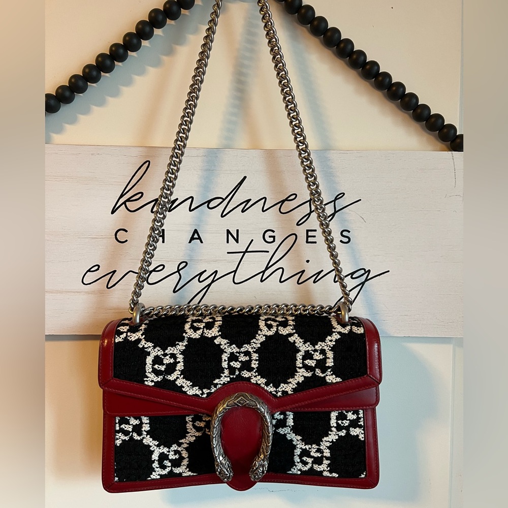 GUCCI Dionysus GG Black White Tweed Red Leather Bag Purse Limited Edition 11 x 7 - Picture 13 of 16